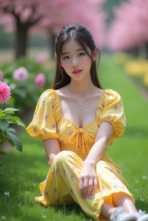  a beautiful Korean woman , proposional fat body ,a faint smile staring at the camera ,long hair ponytail , wears a small gold necklace with a small diamond pendant , wears yellow pussy bow shirt with floral pattern ,wears an all-over jumpsuit , wears snea...