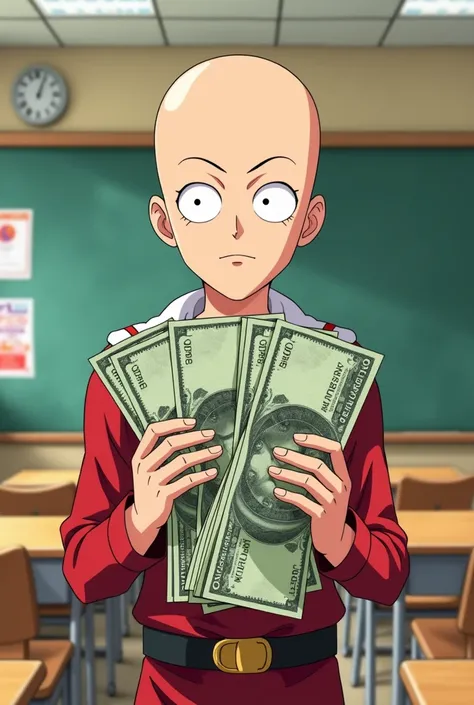 Funny cartoon Saitama holding a thousand Indonesian rupiah money in a schoolgirls classroom