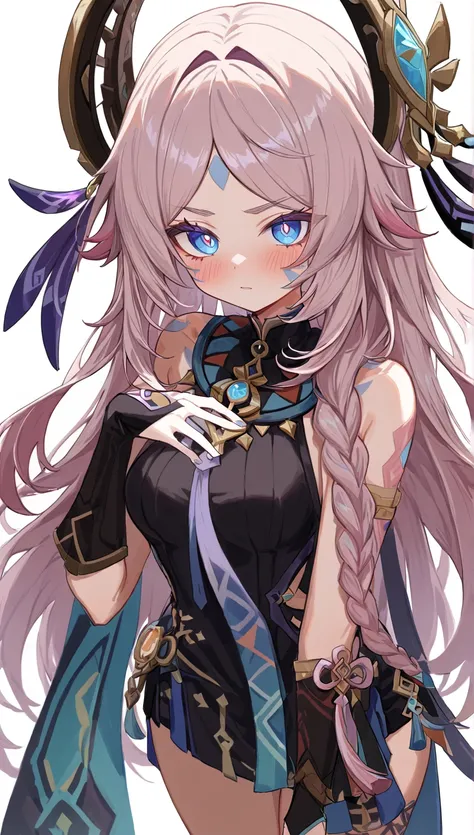 citlali,シトラリ(genshin impact),1girl,cowboy shot,pink hair,parted bangs,very long hair,hair down,braids,hair ornament,facial Mark,blue eyes,pink pupils,tribal clothes,waistcloth,Genshin Impact Style,AddXL,glowing eyes,blush,beautiful detailed,hyper detail,ma...