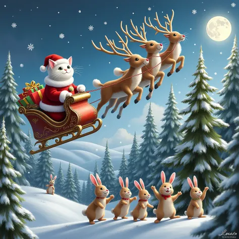 A white cat Santa, riding on a sleigh pulled by reindeer, takes off into the sky as snow falls. The rabbits are waving at Santa.
