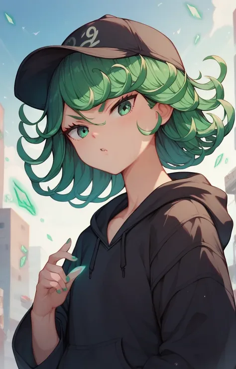 tatsumaki, black hoodie, cap, gang sings, 