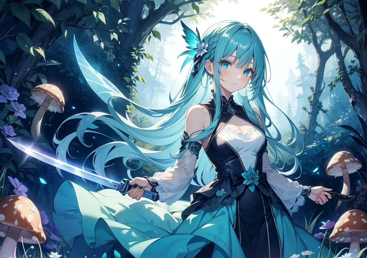 A beautiful girl with aqua-colored hair styled in soft curls, holding a gleaming silver sword, standing in an enchanted forest with glowing mushrooms and sparkling lights. Her eyes shine with a fairy-like innocence, and she wears a delicate lace dress ador...