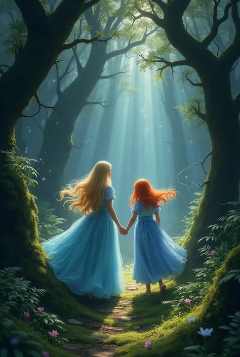 Princess Aria blonde with white skin and blue dress and princess Belle with orange hair and white skin walking through a dark forest