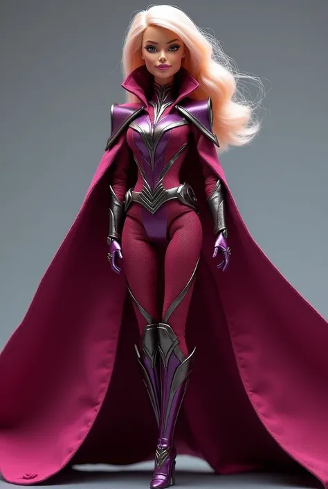 A Barbie wearing a costume inspired by the villain Magneto from the Xmen,  full body de color rojo con púrpura 