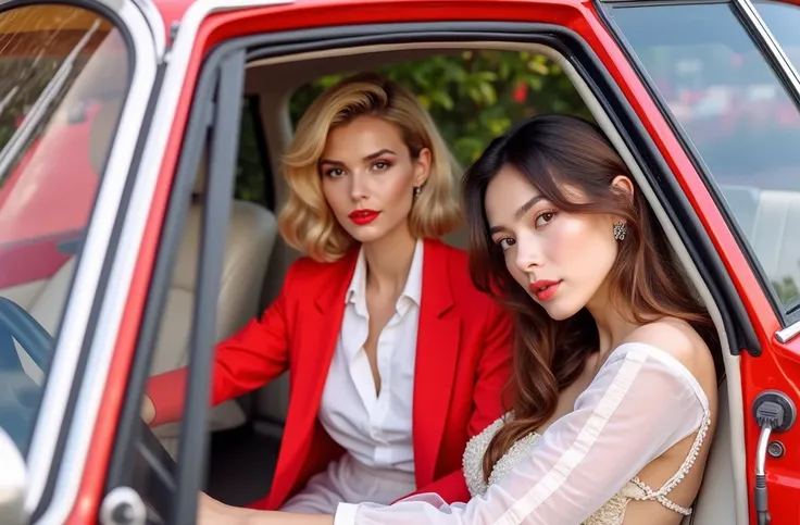 only two females in car, cute pale blond Caucasian young female with long hair (in background , ), posing for with a stunning black woman behind her (bokeh, in foreground), lovers, ultra-detailed, highly realistic, photorealistic, 8k, HDR, warm color palet...