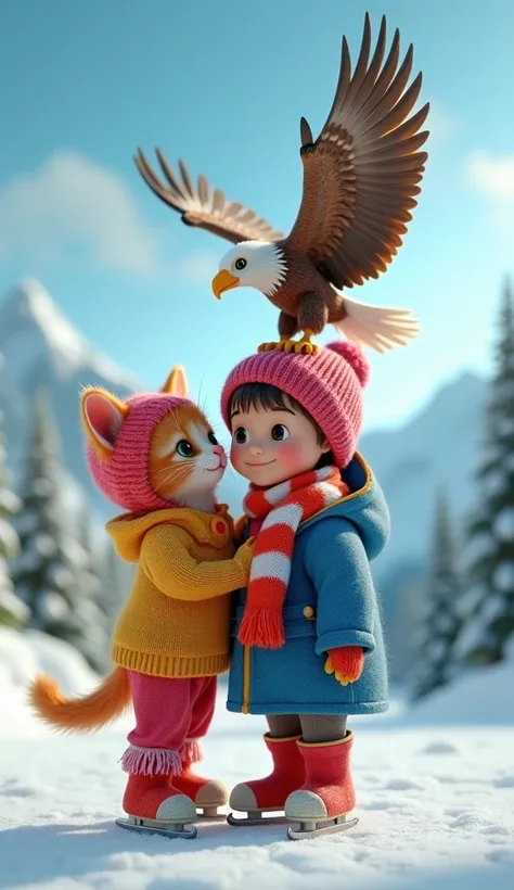 In cinematic 3D style, HD image, realistic image ,colourful image.
Character, Orange baby cat wearing yellow red mix sweater and Wool made hat, wool made socks and wool made pants, all these have been made using blue red aloe wool
Action,there is a large e...