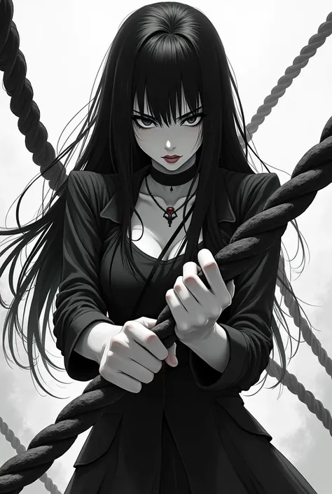 goth woman holding ropes, anime style black and white