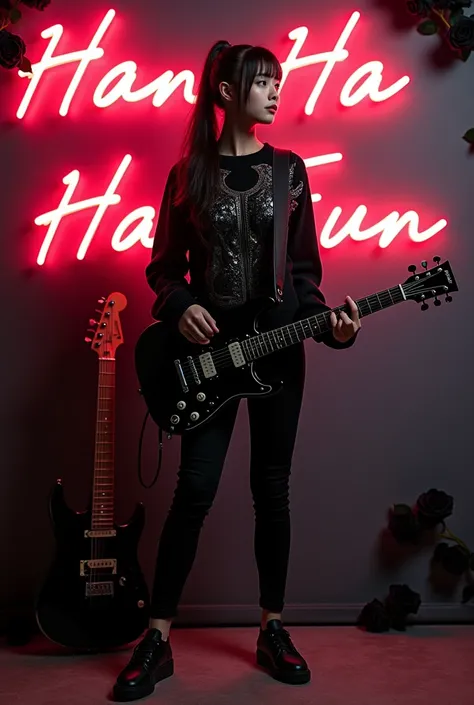 A beautiful Korean woman, ponytail hair, black metal patterned sweater, black jeans sneakers, standing with an electric guitar, a black LED neon background that says HAN HA EUN and a head frame and black roses