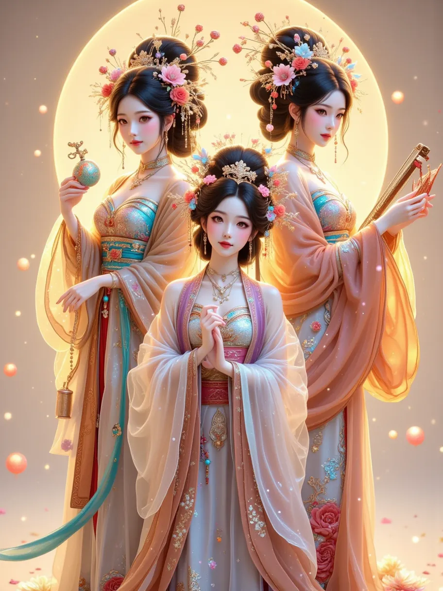 in this painting full of classical charm and modern interest，we saw four q-version girls of tang dynasty ladies，they are present...