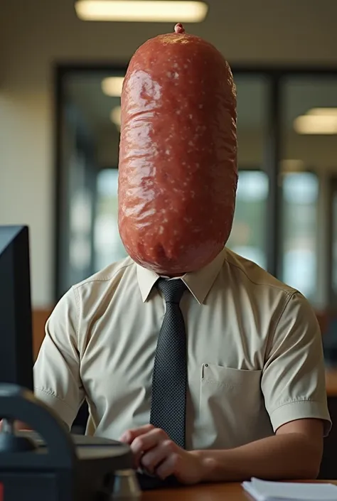 Male bank teller wearing a shirt without a tie who instead of the face has a salami sitting behind the window