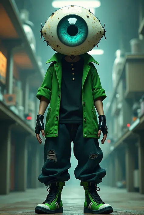  The design will include :
• Head :  A giant eye like head ,  but with a more detailed and animated style , with subtle veins ,  vibrant colors and the light blue iris .
• Shirts and gloves :  An open green polo shirt over a black t-shirt and on the hands ...