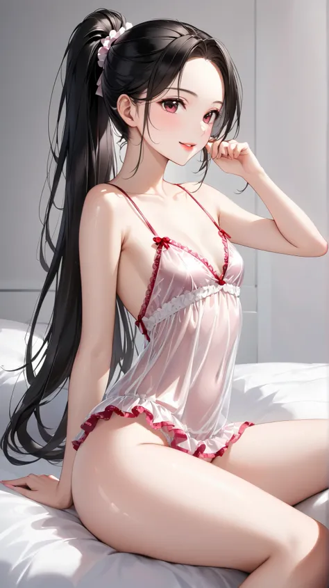 perfect anatomy, super detailed skin, masterpiece、 best quality、 adult woman、 invitation to the mouth 、24 years old、 ponytail、forehead、shiny hair,  black hair、 pink eyes、tsurime、small breasts、(( slender))、 small ass 、 Tight Waist、 invitation to the mouth 、...