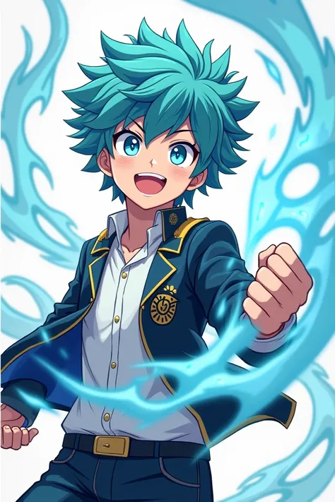  An anime teenager in the style of Boku no hero academy with messy light blue hair ,  equally heavenly eyes, confident smile and wind power . Wearing his school uniform  