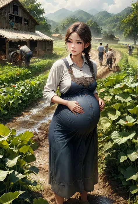 pregnant, young girl, farmer, standing in field, farm working, busy, Wipe sweat, Realistic, (masterpiece, best quality, perfect composition, very aesthetic, absurdres, intricate details, Professional, official art, Representative work:1.3), (Animagine:0.01...