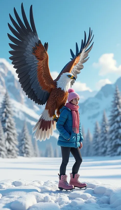 In cinematic 3D style, HD image, realistic image ,colourful image.
Action,there is a large hybrid eagle with its wings spread wide, as if it is about to take flight. The eagle is perched on a persons shoulder, who is wearing a blue jacket, a pink beanie, a...