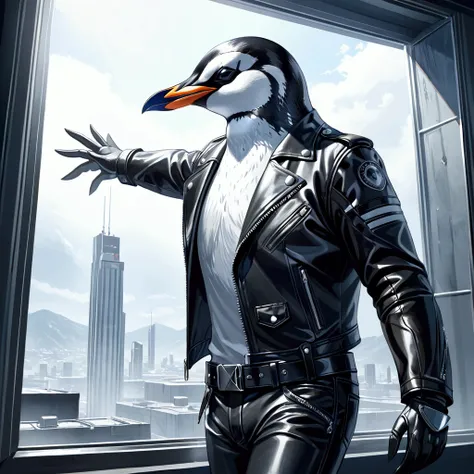 Closeup, An extremely badass anthropomorphic penguin wearing an insanely cool black leather biker jacket open, black leather biker gloves, black leather biker pants, looking out the window.
