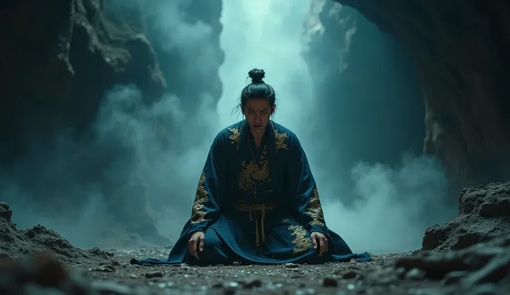 "A cinematic portrayal of a dark, ancient presence, with the scene set in a vast, cavernous space. The ground beneath Huang begins to crack open, releasing an eerie glow. The atmosphere is filled with an overwhelming sense of power and ancient energy, symb...