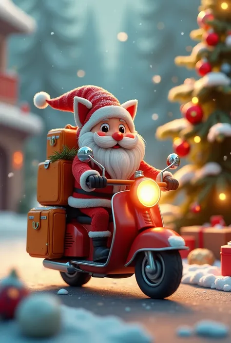 Create a Christmas image welcoming December for a delivery group named Logan orders with a papanoel on a motorcycle with a medium-sized orange shopping backpack in the center of the image with a Christmas tree