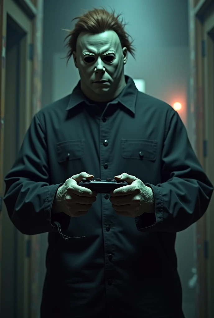 Michael Myers holding a video game controller