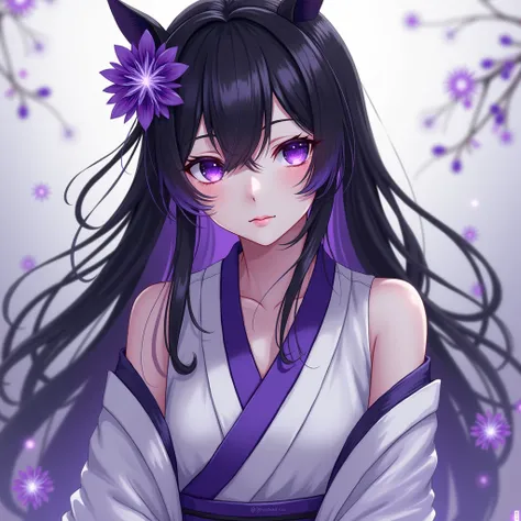 1 girl,  black hair with purple tips, purple eyes,  white kimono with purple blouse underneath , bust shape 