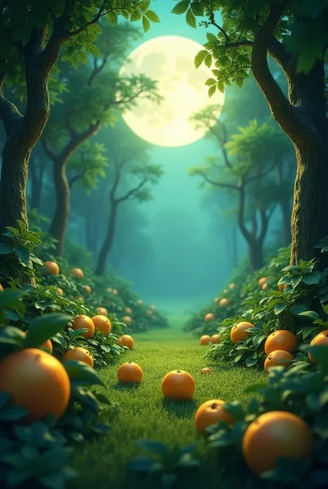 In 3D animation style:"A jungle clearing with golden apples scattered around the ground, glowing softly in the moonlight."