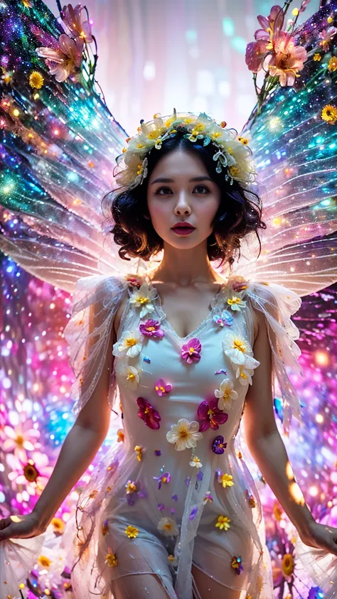 4K ultra high definition, masterpiece, a girl, good face, meticulous eyes, meticulous lips, flower fairy girl, big wings, transparent wings, neon lights, (galaxy background: 1.5), (flower dress: 1.8), (white dress: 1.5), in heaven,