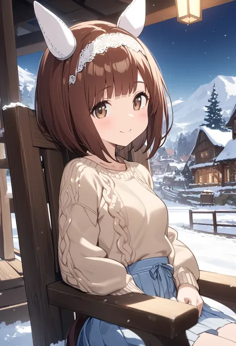  best quality、One girl、Round face shape、細身の体、 small breasts、 horse ears and tail 、 short bob、Shiny reddish brown hair、 white lace headband in a position above the head、white ear covers、Brown eyes、 cream sweater 、 pale light blue skirt 、smile、Village with a...