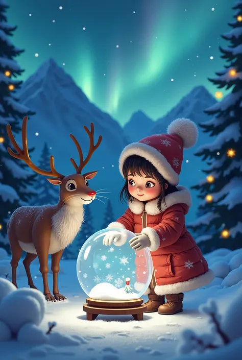  Crystal Ball Close-up of a Cat Visible Snow Northern Lights and Snowy Mountains, Reindeer Christmas Trees , New Year&#39;s garlands,  Very Beautiful The Girl Looks in Her Hands and Looking into the Crystal Ball ,  A girl in a hat with a bubon and Warm Fur...