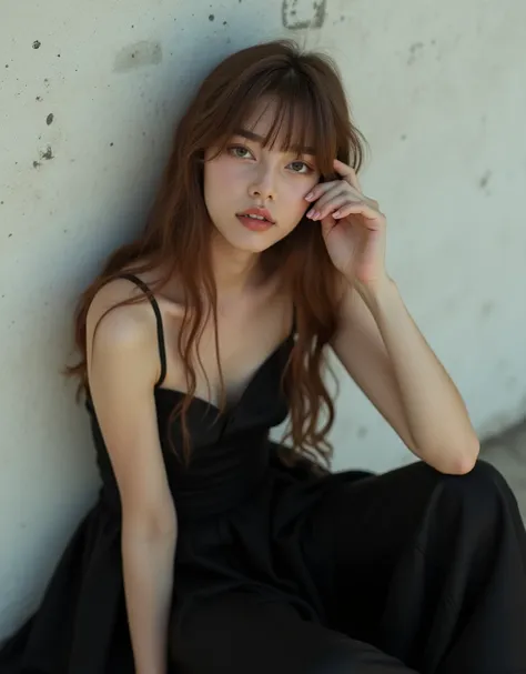 A dreamy, melancholic young woman with a delicate, natural beauty sits in a relaxed pose. She has long, soft brown hair with bangs that gently frame her face. Her pale, flawless skin glows under soft, diffused natural light, creating a serene and emotional...