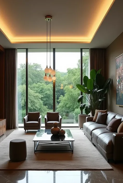 The elegant living room of a luxurious penthouse on the 20th floor in Mexico City, featuring high-end finishes such as polished marble and fine wood. The modern furniture includes a large gray leather sofa, a glass coffee table with metallic accents, and v...