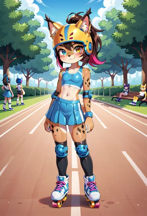 (Lynx girl, anthro, fur tufts, fluffy fur, furry, loli body, loli height, flat chest, loli face, heterochromia, multicolored hair, ponytail, piercing, makeup, tattoo, gold jewelry, sports helmet, sports elbow and knee pads, sports top, sports skirt, stocki...