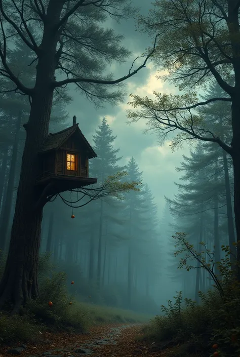 A dark, cloudy sky looms over the forest. Wind blows through the trees, bending branches. Leaves and acorns scatter in the air, and a wooden squirrel treehouse sways precariously
3