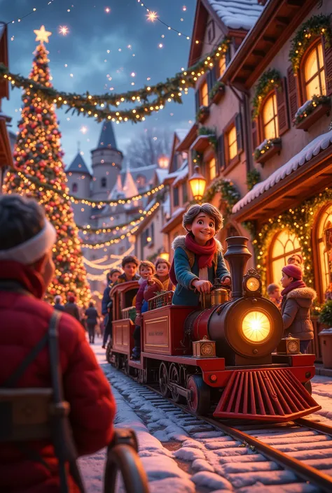 8K resolution, masterpiece, Highest quality, Award-winning works, movie scene, Town park decorated for Christmas, many ren happily riding a miniature train, many peples, very crowded, , luxuriously decorated Christmas tree, christmas decorations, snowing o...