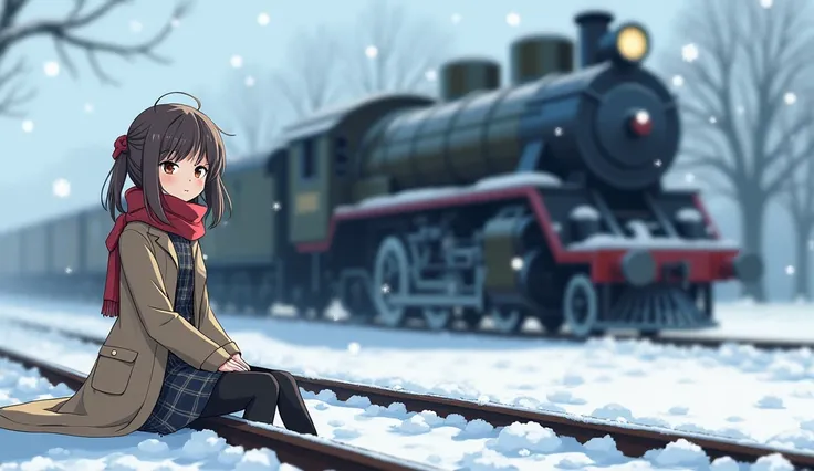 It depicts a woman sitting on a snow-covered railroad track with snowflakes gently falling around her, and she, wearing a warm scarf and coat, has a serene expression against the backdrop of a vintage train, giving the picture a dreamy winter atmosphere wi...