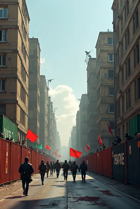 A Road with Buildings on both Sides, Road blocked by Shipping containers, Protesters on street with red and green flags, Snipers on top of buildings taking short on Protesters, Protesters Running, Blood on Road