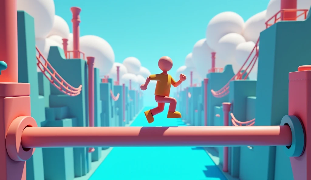 Create a vibrant, surreal obstacle course floating above a bright blue void. A bald man character is running on a pipe, reaching for the next challenge. in the background show, ladders, pipes, and towers in the air, 3d game render, HDR, camera view