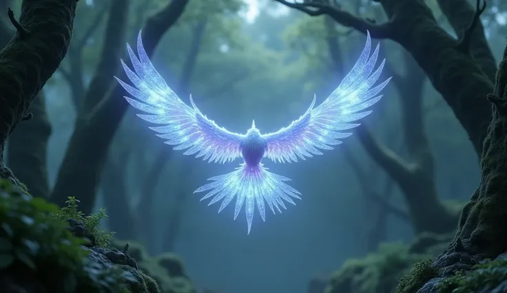 In 3D animation style: "A mystical bird with glowing feathers flying over an ancient forest, its wings leaving a trail of light."
