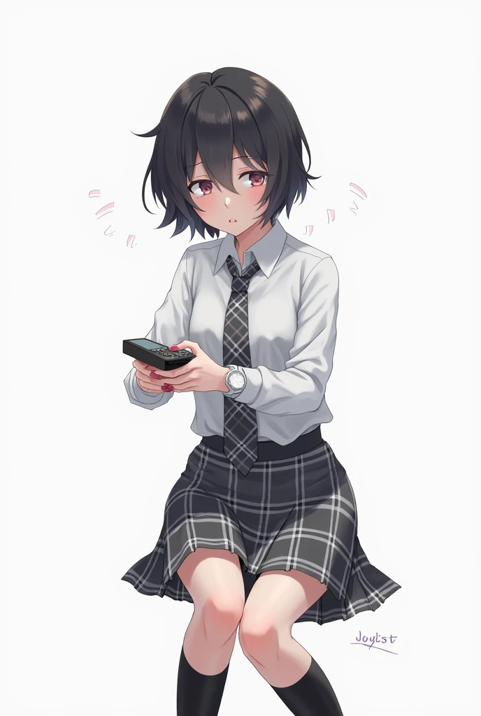 Teenage woman with black and short hair and with white anime watch and pink nails with schoolboy long-sleeved white shirt and plaid tie in dark gray and white and plaid pleated skirt in combination of dark gray and white colors, following a uniform pattern...