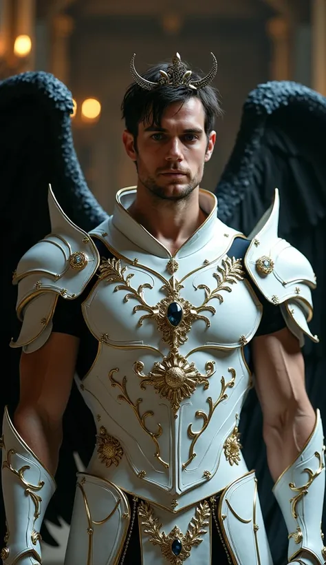 
A hyper-realistic, three-quarter body portrait of an ethereal, dark, and regal male character, inspired by Henry Cavill, with a powerful, supernatural presence. His strong, muscular physique, resembling Henry’s athletic build, merges seamlessly with white...