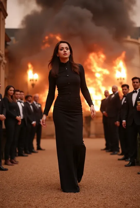 A lady in agent outfit (make her fully covered )coming out of a burning mansion while party attenders see her and a big helicopter  escaping from behind wide angle scene