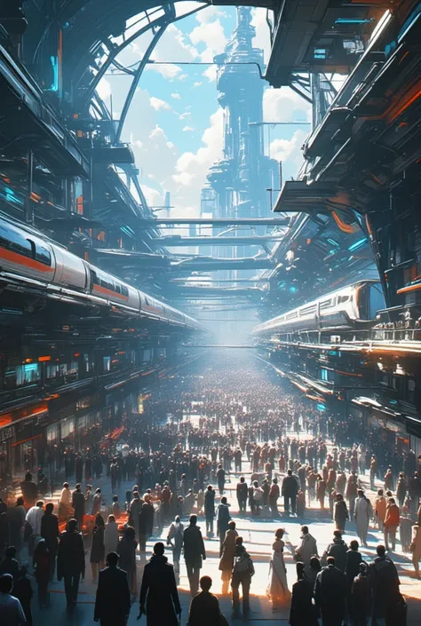 Super realistic illustration, Detailed Fantasy art. An Epic Busy Train Station of the Future World. Panoramic shot