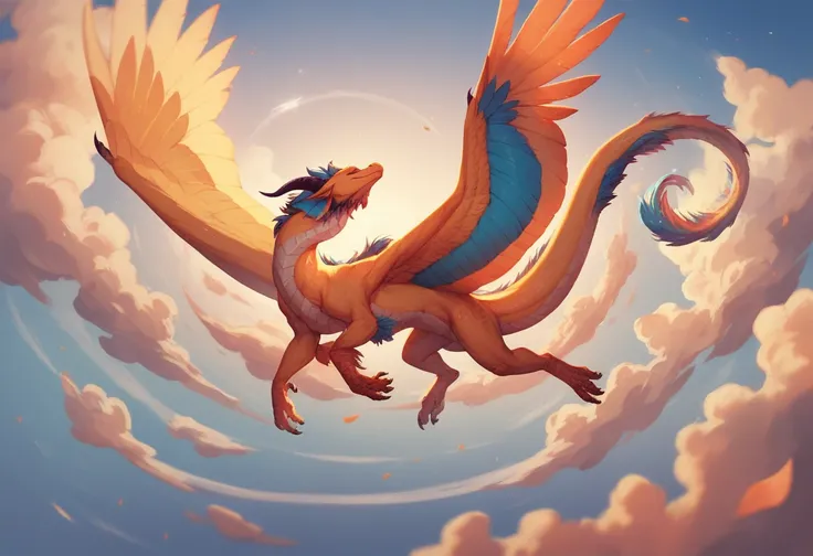 baby feathered dragon, feral, golden colour, floating upright in the sky, dynamic, floating upright