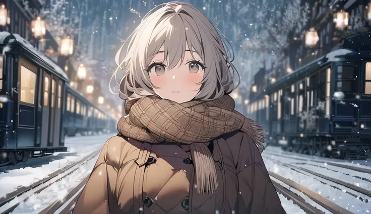 a woman sitting on a snowy railroad track while snowflakes gently fall around her. She is wearing a warm scarf and coat, with a serene expression as a vintage train is seen in the background, creating a dreamy winter atmosphere.