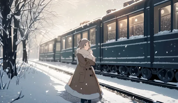 a woman sitting on a snowy railroad track while snowflakes gently fall around her. She is wearing a warm scarf and coat, with a serene expression as a vintage train is seen in the background, creating a dreamy winter atmosphere.