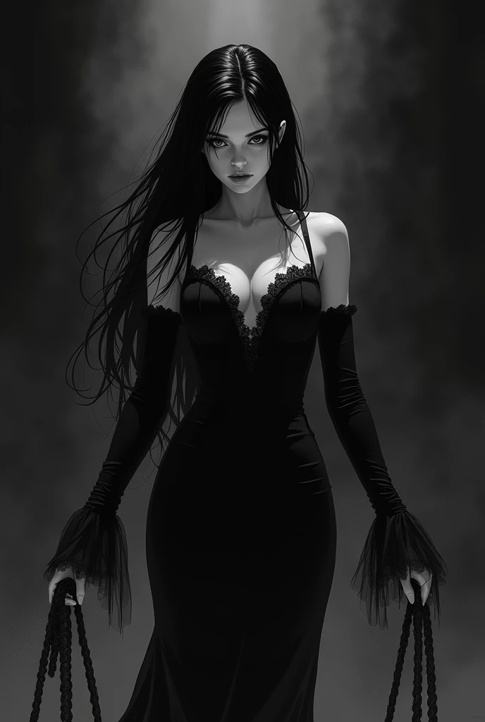 vampire goth woman holding ropes, anime style black and white