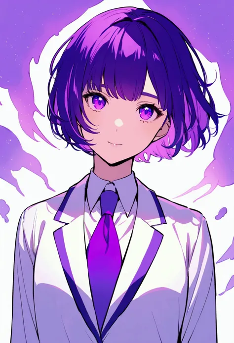 A tall man with short hair in the color purple, And violet-colored eyes .  She wears a school uniform in white and purple. Tidy and tidy appearance 