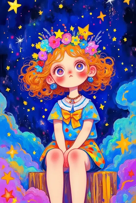  A beautiful illustration with oil painting texture， Rough Textures ，with visible brush strokes ， hand drawn cartoon art style ：There is a picture of a girl with a flower crown on her head in the clouds， starry sky 。