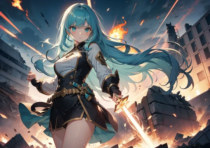 A fierce girl with aqua-colored hair spinning mid-air, her sword enveloped in lightning magic as she deflects a massive fireball. Magical energy bursts around her, and the battlefield is filled with glowing rubble and debris