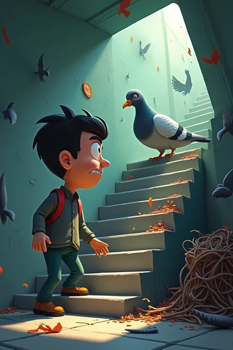 3D cartoon image of منظر 1:  a pigeon mafia revelation.

Hamed climbed the stairs to inspect the mark. What he found was just a mess — it was a complete blown up ecosystem.

Wings, wires and a suspicious nest filled the hollow space. The pigeon whirled ang...