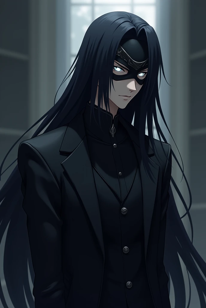 Draw me a male anime character with long black hair, silver eyes and wearing a mask
